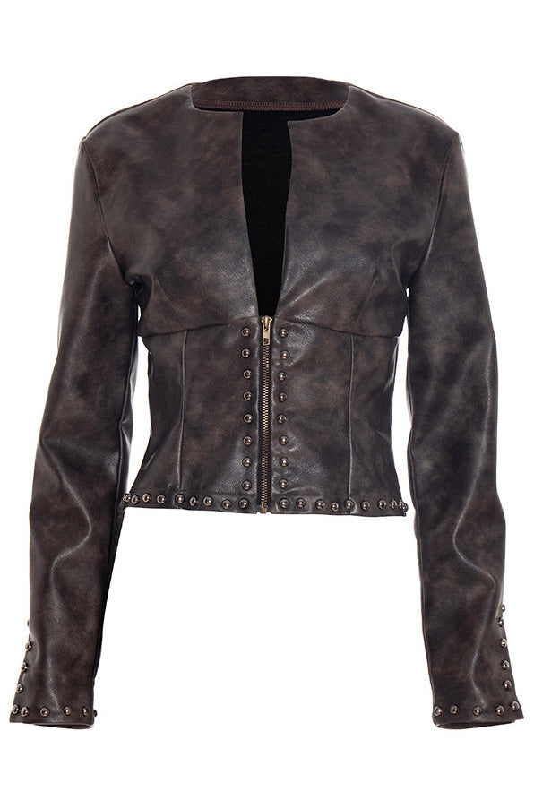 Zip Front Deep V Faux Leather Top Lavish Daily