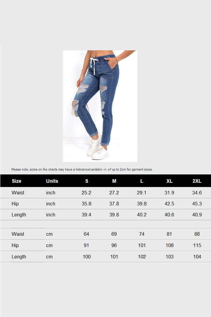 Drawstring Waist Ripped Roll Up Hem Skinny Jeans Lavish Daily