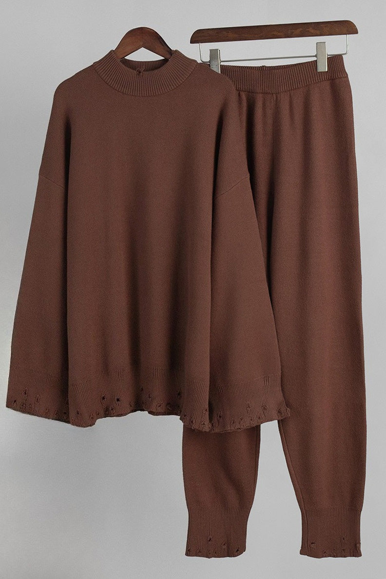Distressed Knit Pants & Crew Neck Sweater Set Lavish Daily