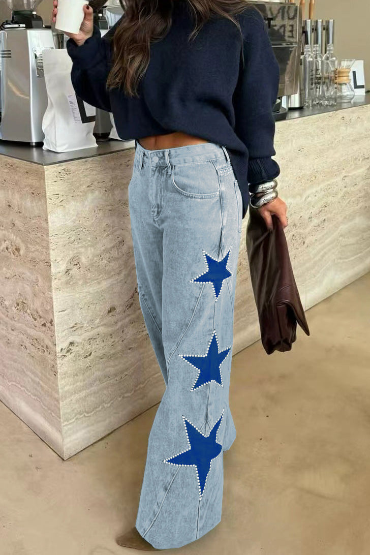 High-Waisted Star Patch Wide Leg Jeans Lavish Daily