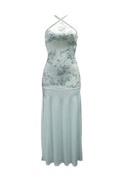 Sequin Floral Halter Mermaid Maxi Dress Lavish Daily