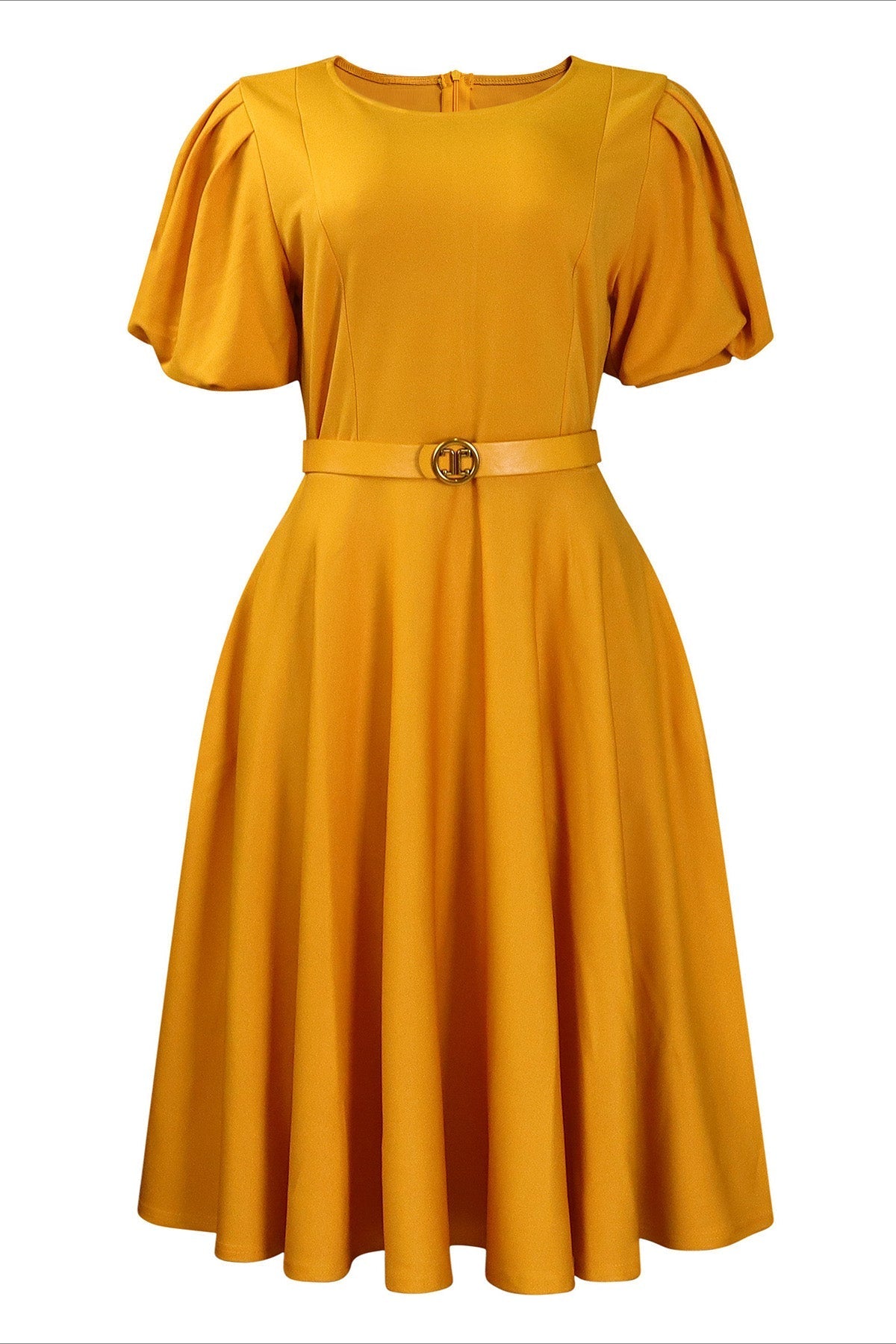 Puff Sleeve High Waist Solid Round Neck Dress Lavish Daily