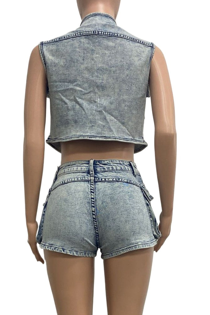 Denim Utility Vest & Stretch Shorts Set Lavish Daily