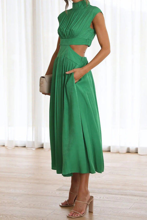 Mock Neck Cut Out Pleated Maxi Dress Lavish Daily