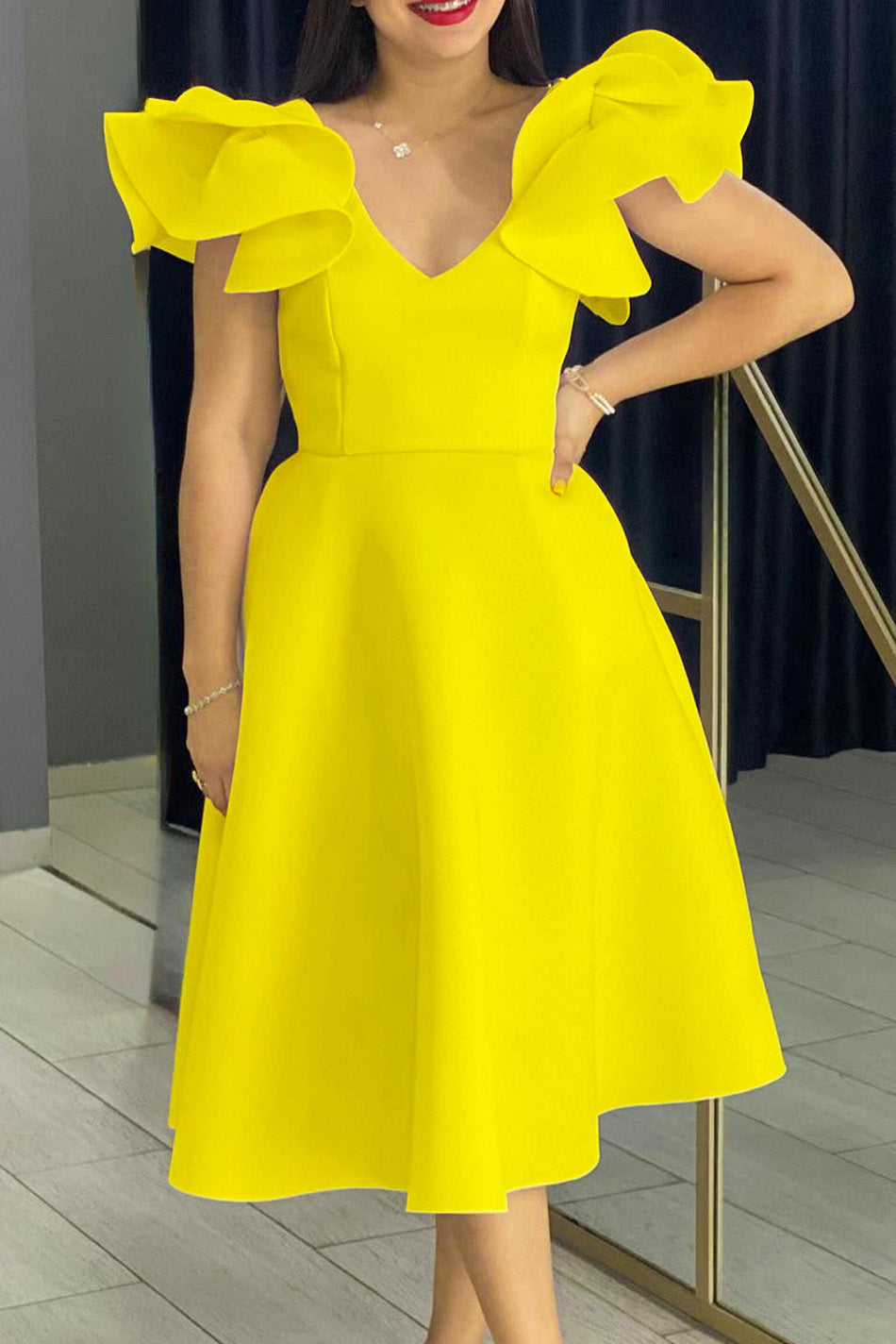 Flounce Sleeve High Waist A-Line Dress Lavish Daily