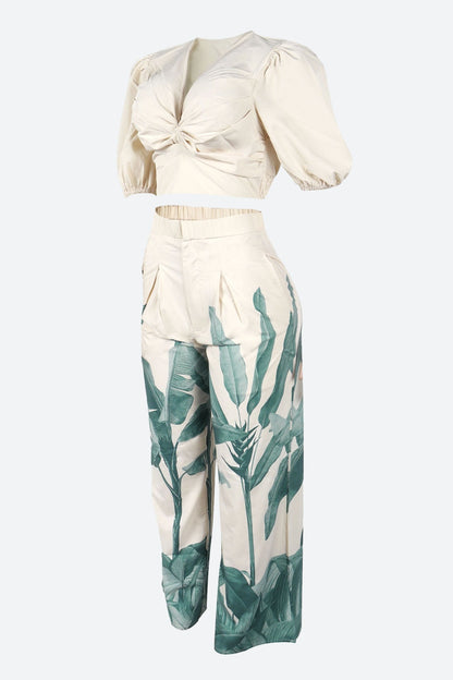 Printed V-Neck Wide-Leg Pants Set Lavish Daily