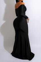 Off-Shoulder Long Sleeve Slit Maxi Dress Lavish Daily