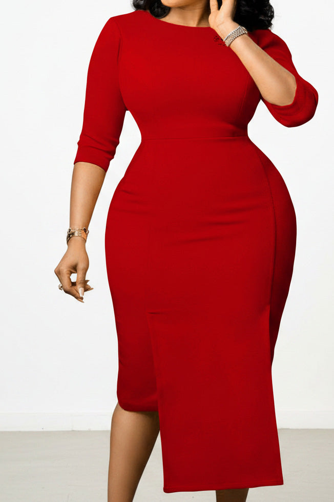 Elegant 3/4 Sleeve Front Slit Pencil Dress Lavish Daily