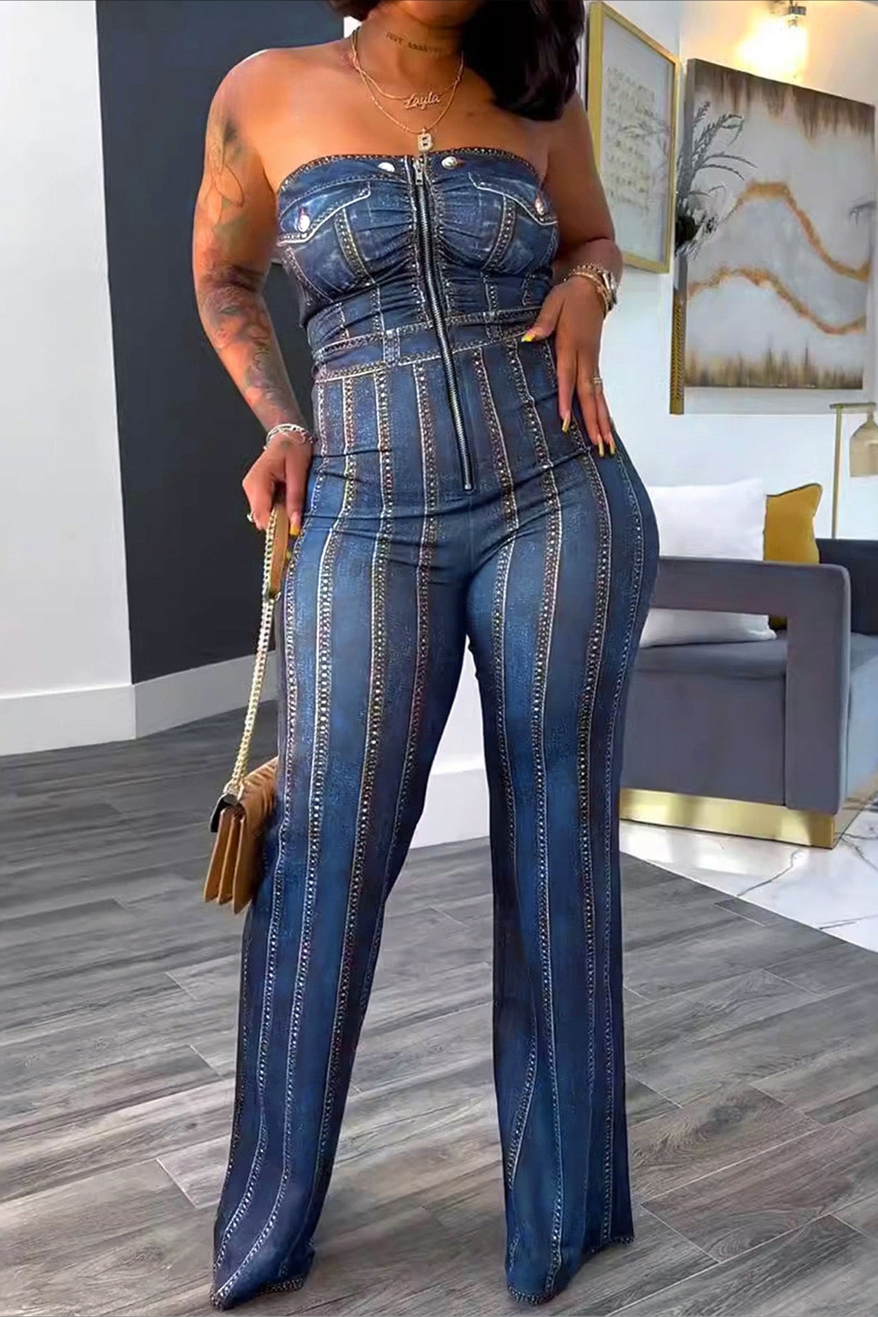 Denim Print Strapless Wide Leg Jumpsuit Lavish Daily