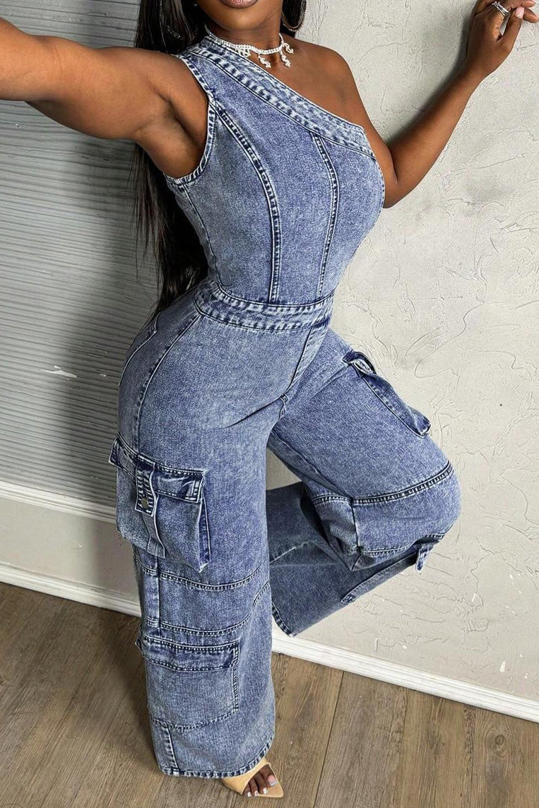 One Shoulder Stretch Denim Jumpsuit Lavish Daily