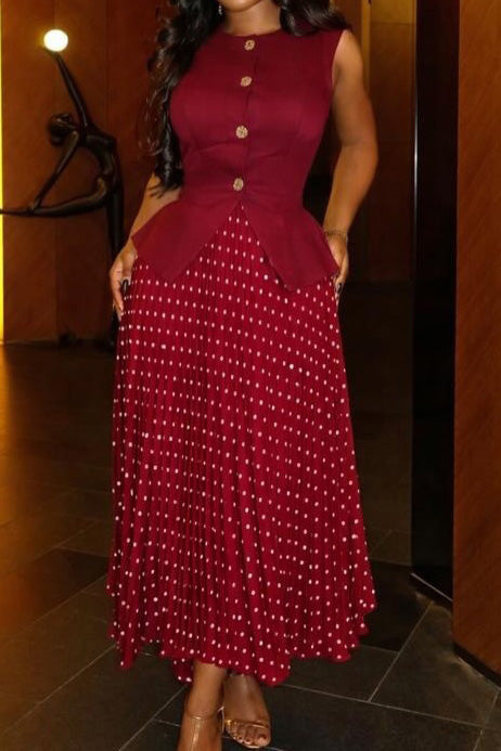 Button Vest & Polka Dot Pleated Skirt Set Lavish Daily