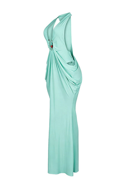 Plunging Halter Beaded Cutout Maxi Dress Lavish Daily