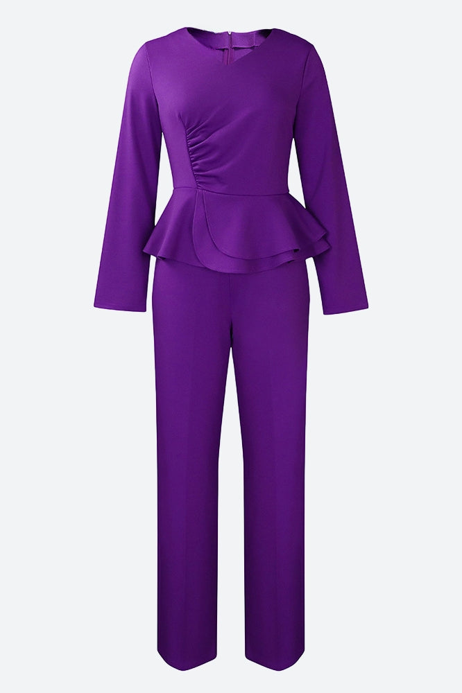 Solid Flounce V Neck Long Sleeve Sets Lavish Daily