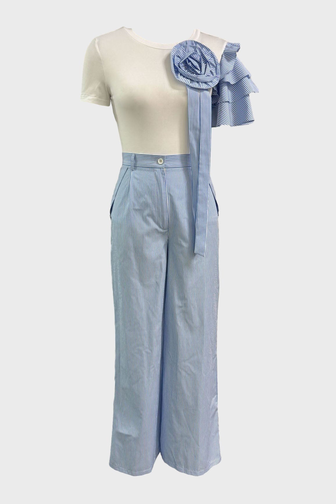 Single Ruffle Sleeve T-Shirt Striped Pants Set Lavish Daily