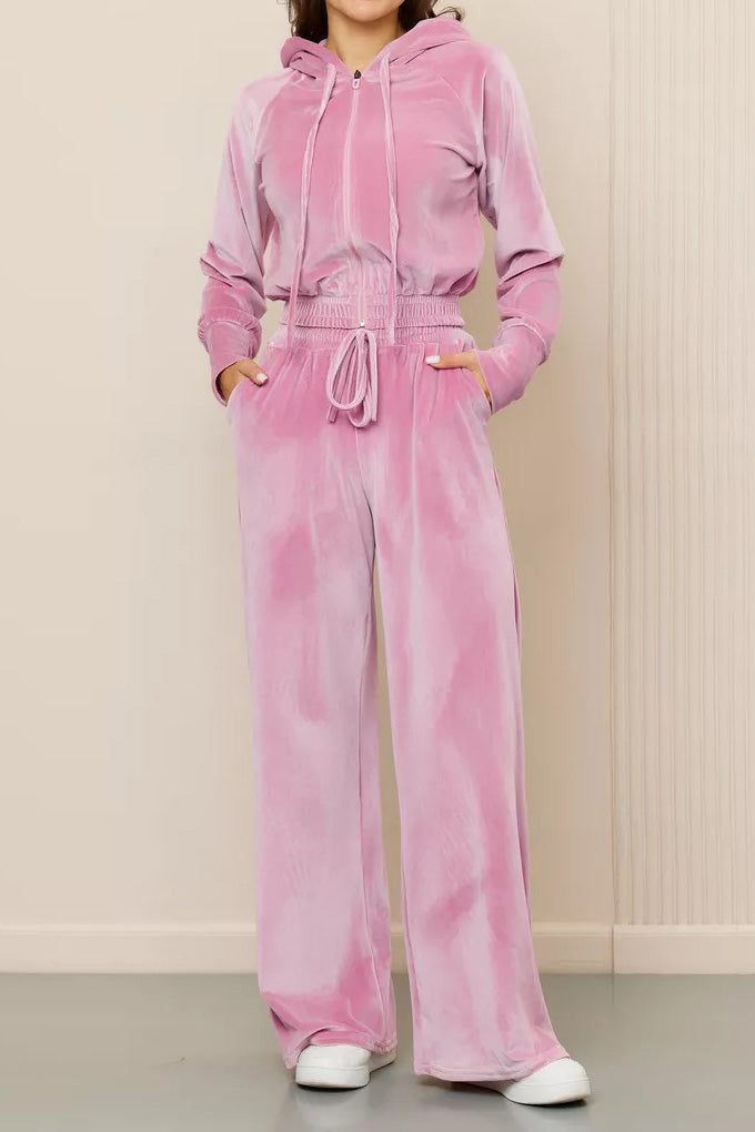 Velvet Hooded Zip Sweatshirt & Pants Set Lavish Daily