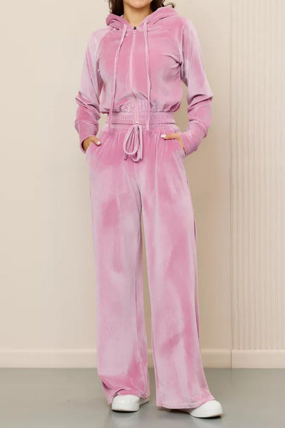 Velvet Hooded Zip Sweatshirt & Pants Set Lavish Daily