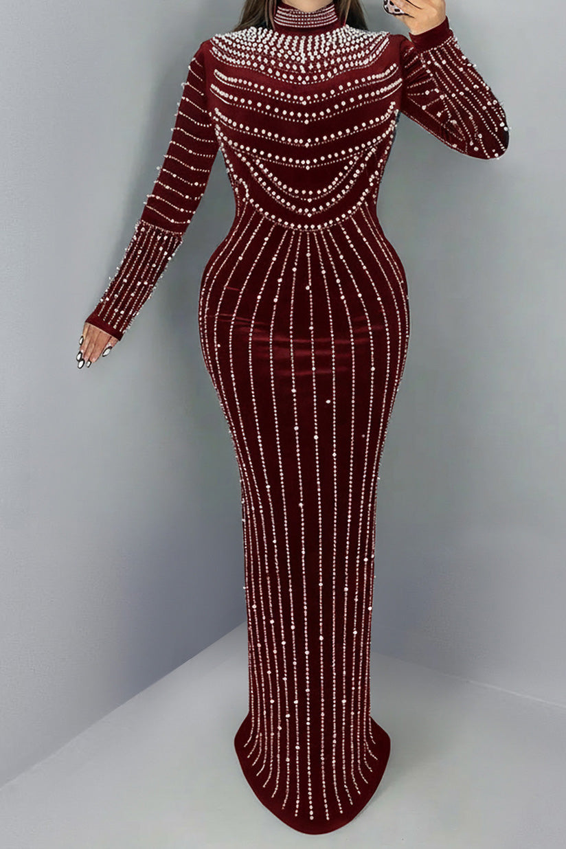 Velvet Rhinestone Long Sleeve Evening Dress Lavish Daily