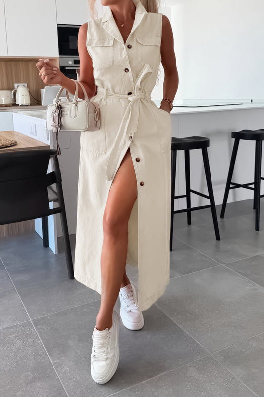 Sleeveless Belted Utility Maxi Shirt Dress Lavish Daily
