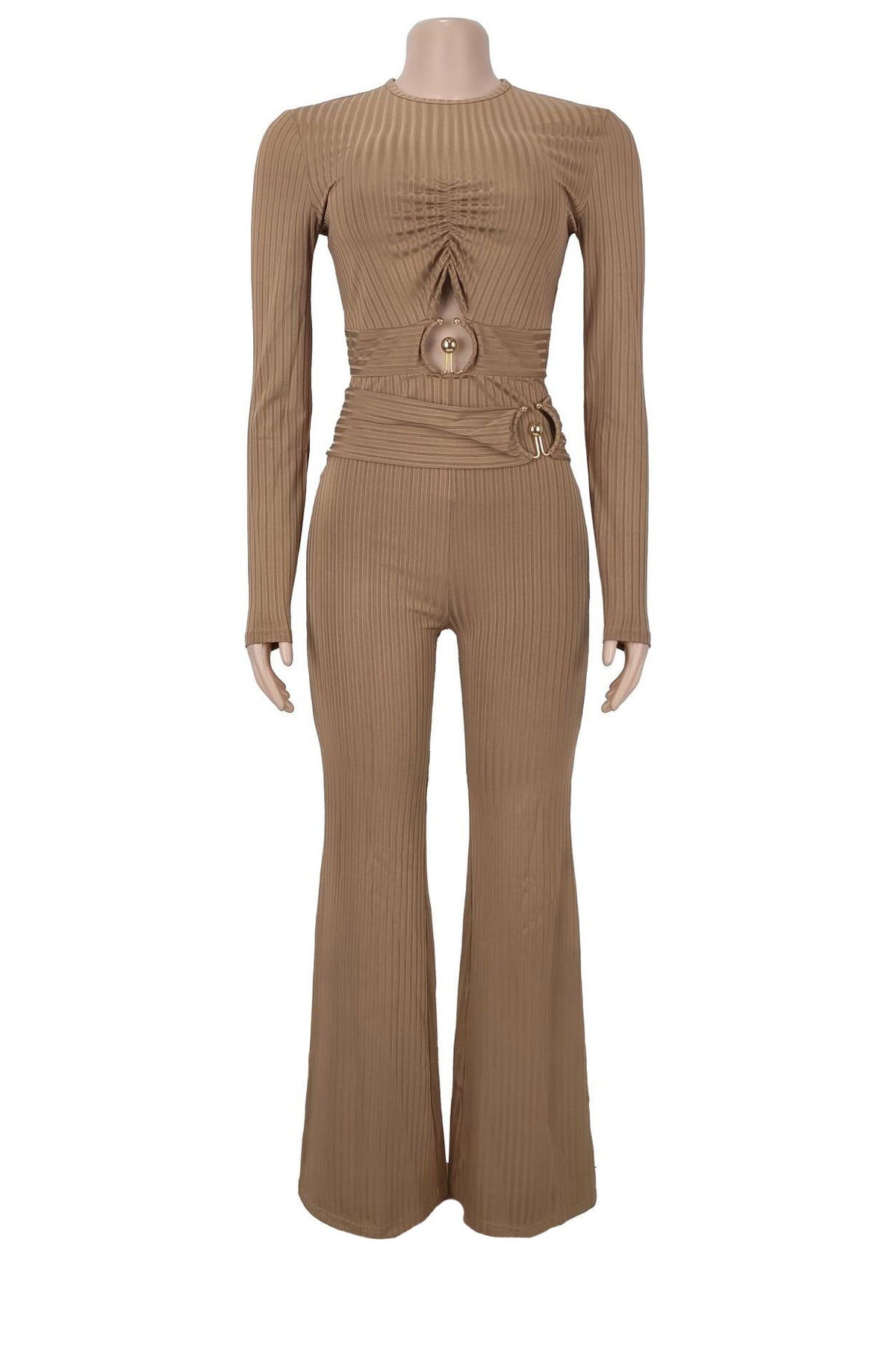 Ribbed Cutout Long-Sleeve Flared Jumpsuit Lavish Daily
