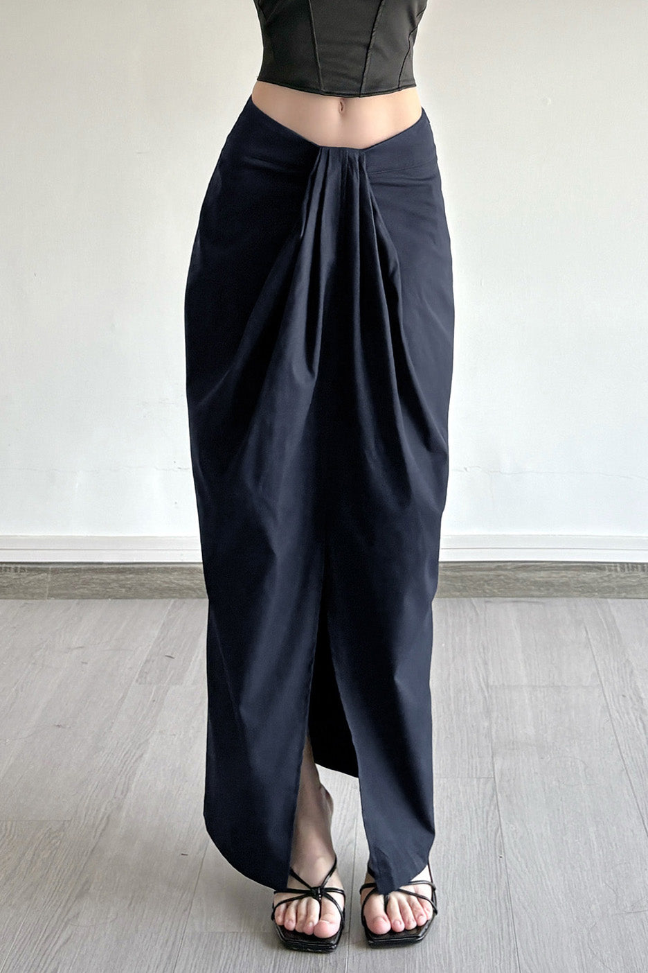 Solid Knot Front Slit Midi Skirt Lavish Daily