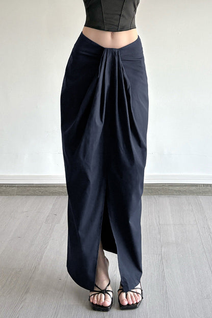 Solid Knot Front Slit Midi Skirt Lavish Daily
