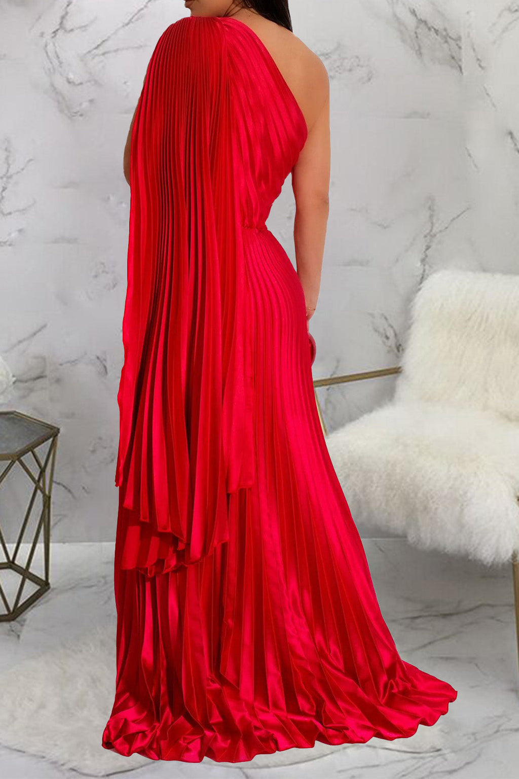Red One-Shoulder Pleated Maxi Dress Lavish Daily
