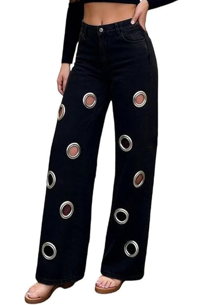 Oversized Grommet Cutout Wide Leg Jeans Lavish Daily