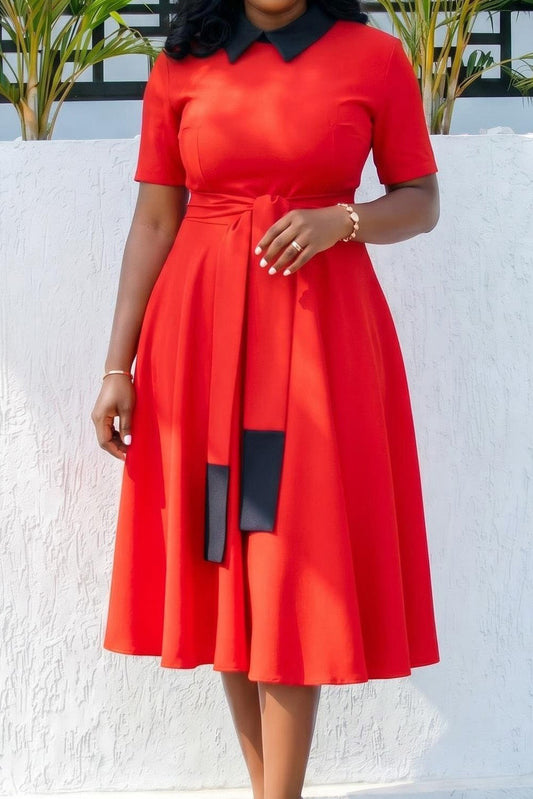 Contrast Collar Tie-Waist A-Line Midi Dress Lavish Daily
