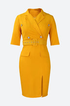 Solid Color Button Lapel Tight Dress Lavish Daily