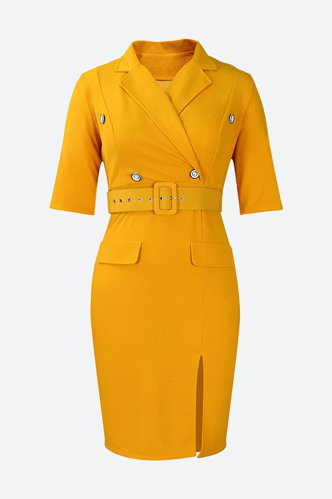 Solid Color Button Lapel Tight Dress Lavish Daily