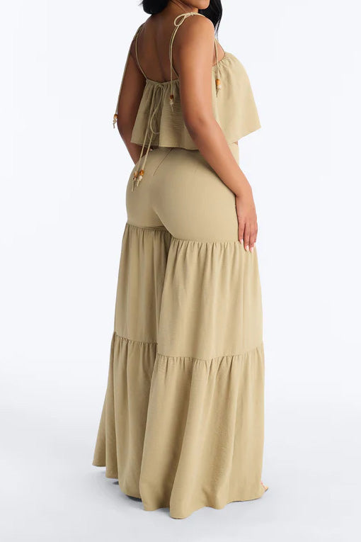 Tie-Strap Crop Top & Tiered Wide Leg Pant Set Lavish Daily