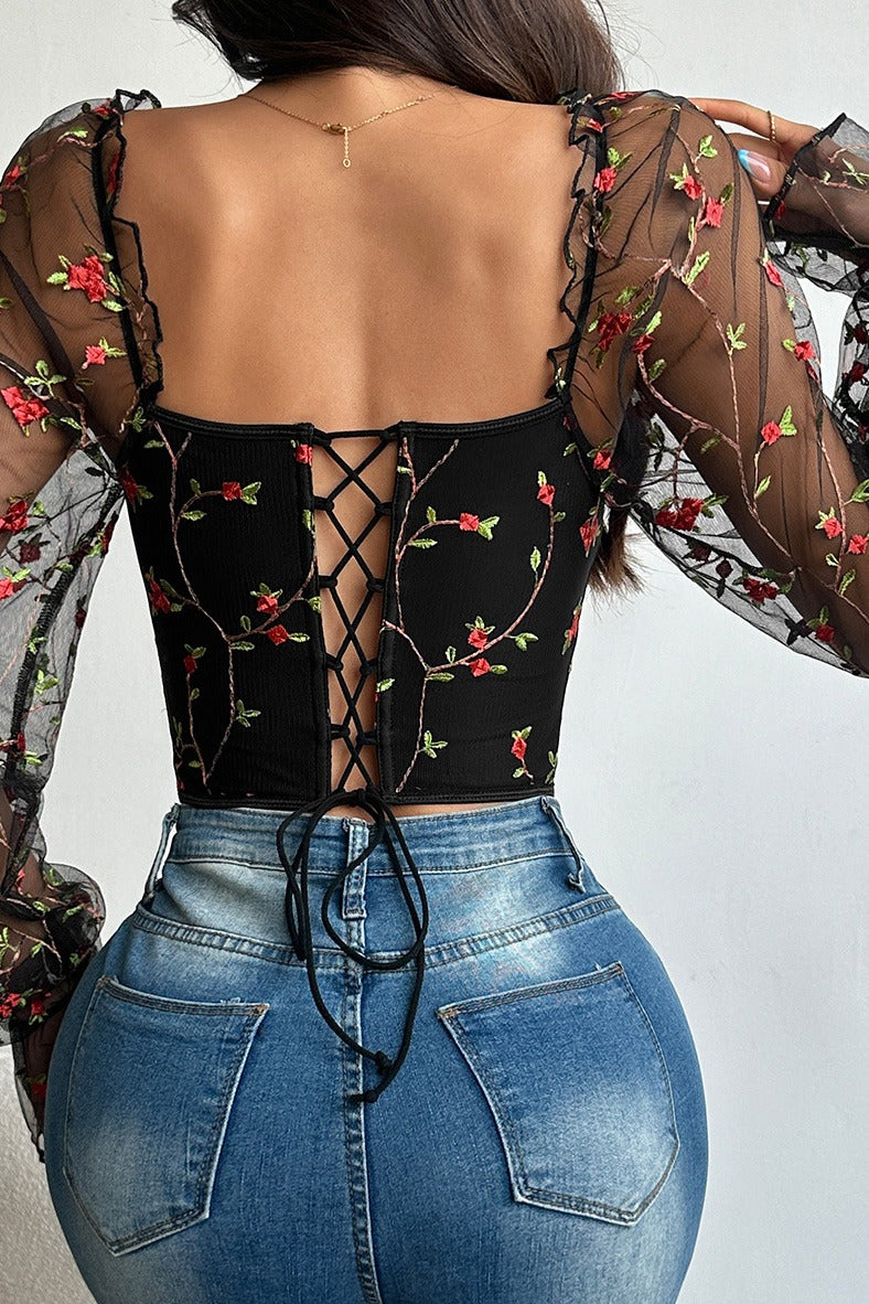 Sheer Mesh Embroidered Boned Corset Top Lavish Daily