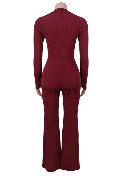 Ribbed Cutout Long-Sleeve Flared Jumpsuit Lavish Daily