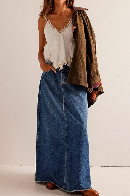 Loose Straight Denim Maxi Skirt Lavish Daily