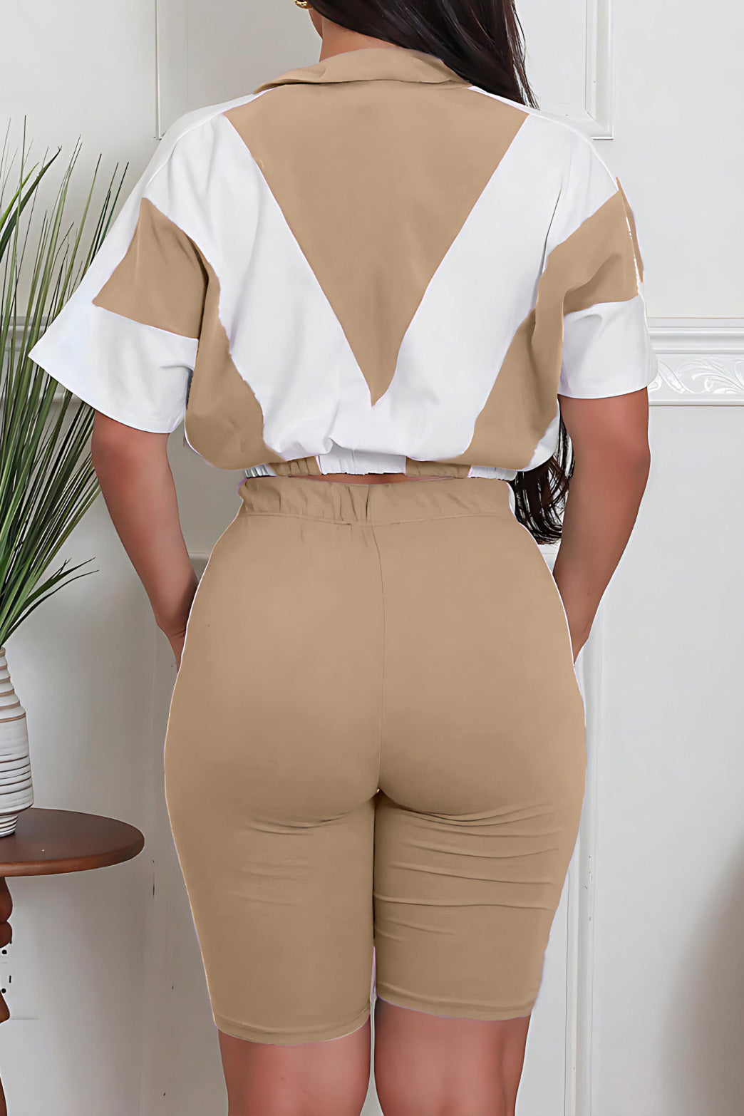 Color-Block Zip Crop Top & Biker Short Set Lavish Daily