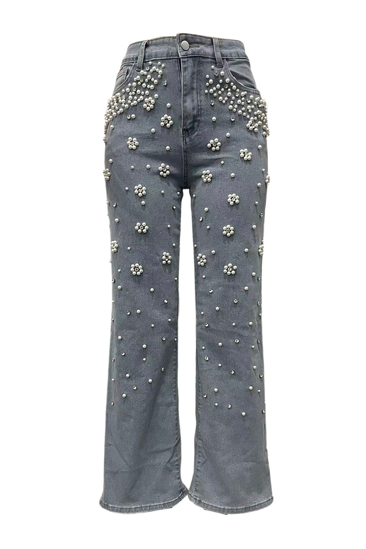 Pearl & Rhinestone Embellished Wide Leg Jeans LavishDaily