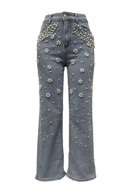 Pearl & Rhinestone Embellished Wide Leg Jeans LavishDaily