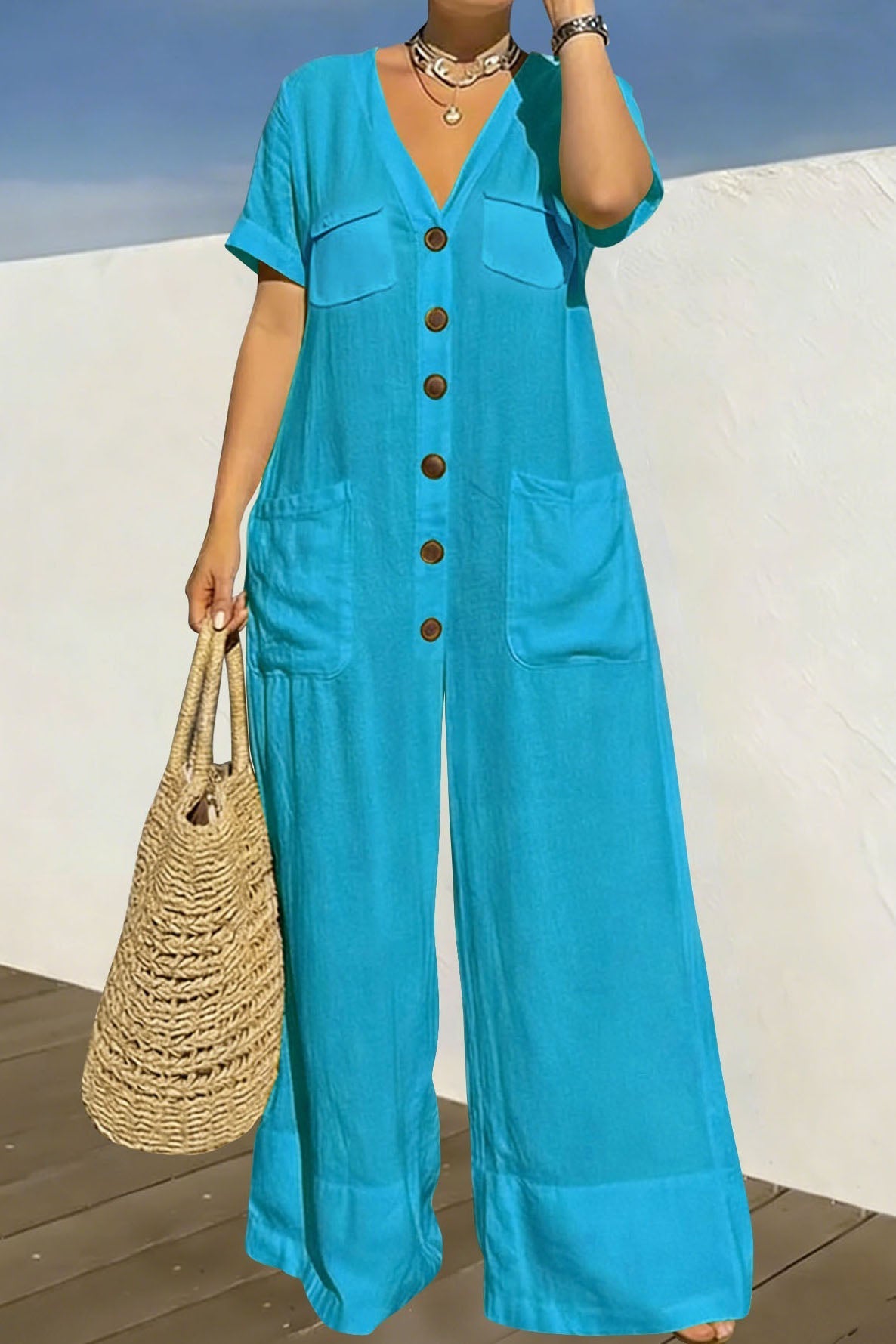 Plus Size Relaxed Button-Front Wide Leg Jumpsuit Lavish Daily