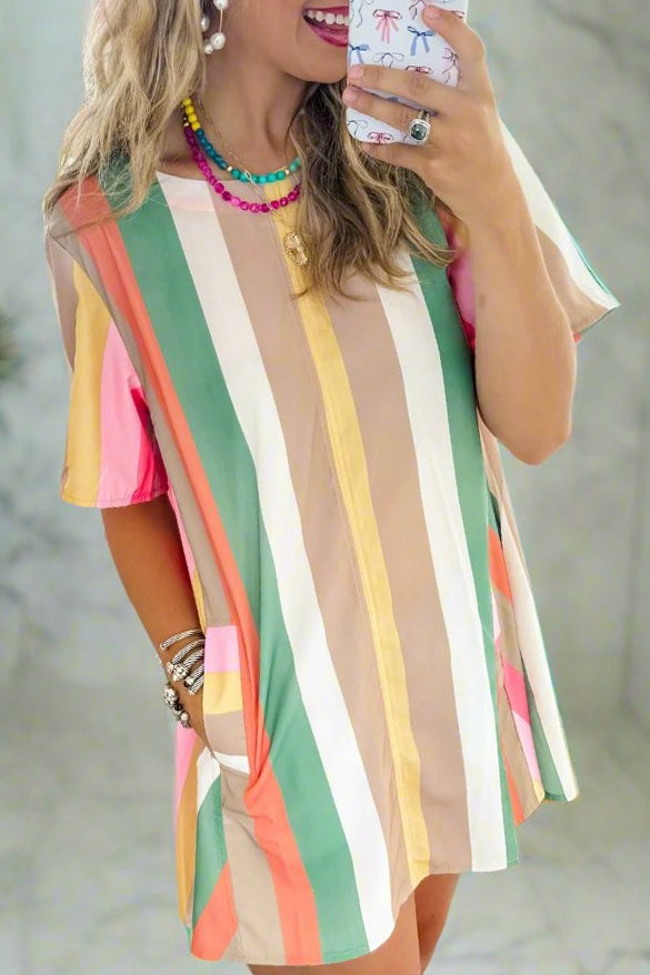 Multicolor Striped Round Neck Mini Dress Lavish Daily