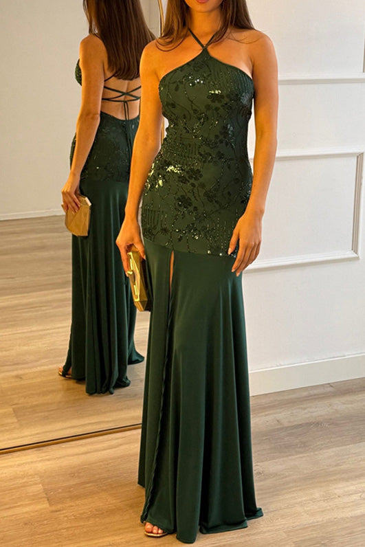 Sequin Floral Halter Mermaid Maxi Dress Lavish Daily