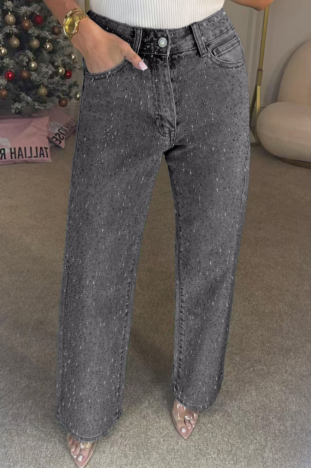 Wide-Leg High-Waist Rhinestone Jeans Lavish Daily