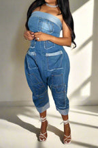 Denim Patchwork Bandeau Jumpsuit Lavish Daily