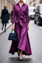 Button Up Bow Waist Long Sleeve Maxi Dress Lavish Daily