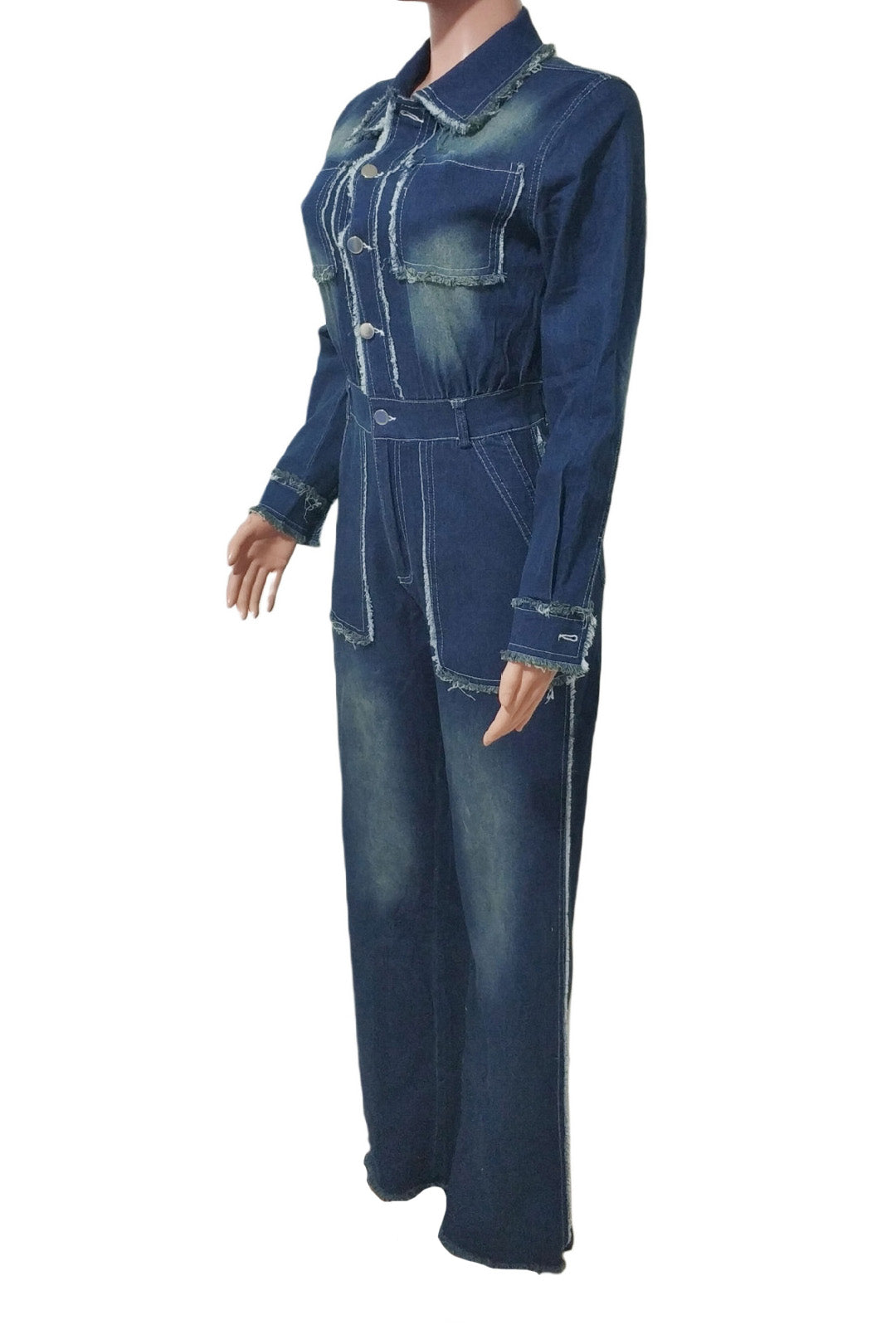 Raw-Edge Long Sleeve Stretch Denim Jumpsuit Lavish Daily