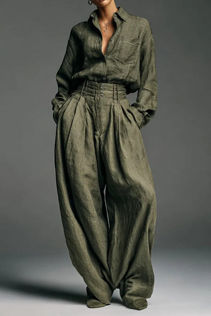 Vintage Linen Blouse & Trousers Two-Piece Set Lavish Daily