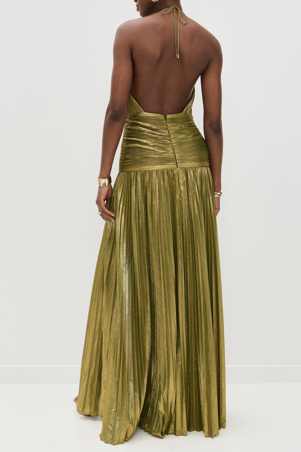 Metallic Pleated Halter Tie Split Dress Lavish Daily