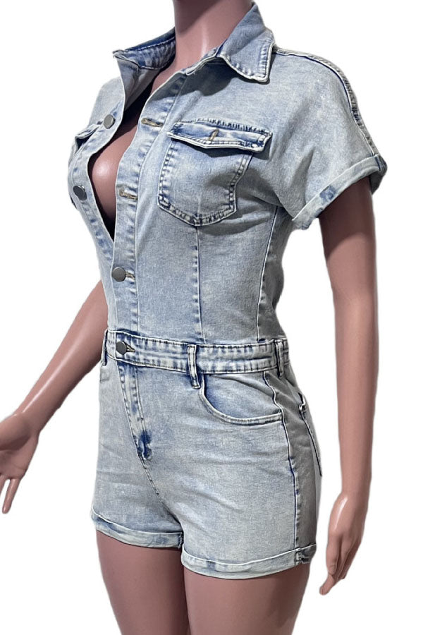 Short Sleeve Rigid Denim Romper Lavish Daily