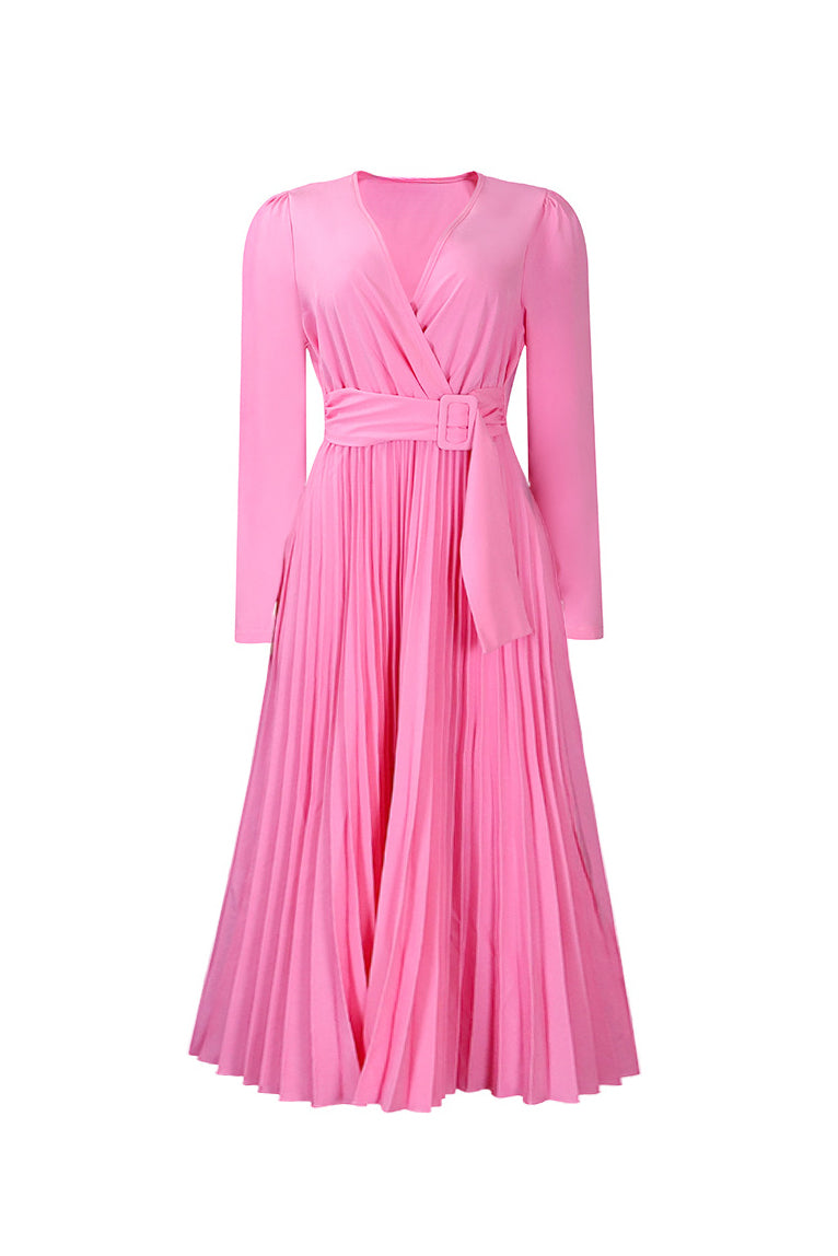 V Neck Long Sleeve Pleated Midi Dress Lavish Daily