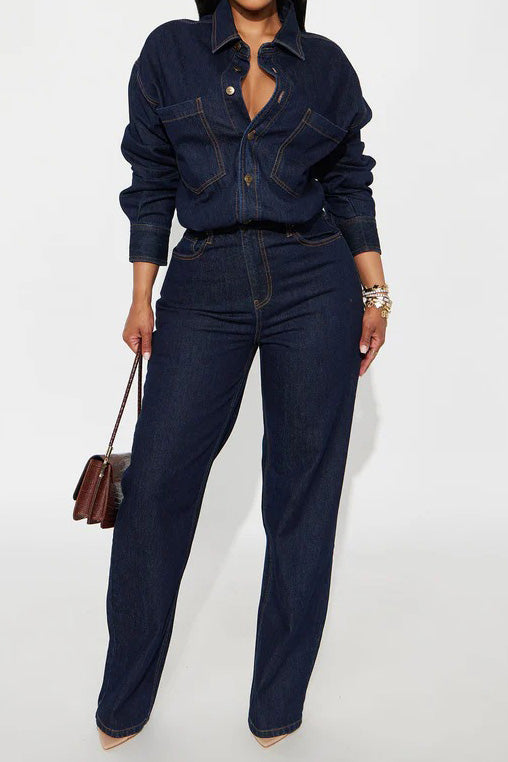 Stretch Long Sleeve Denim Jumpsuit LavishDaily