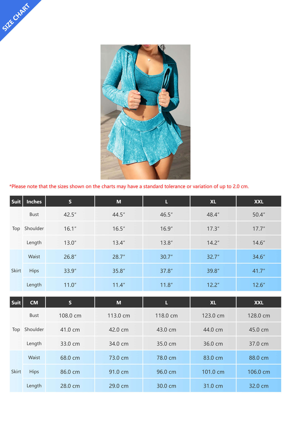 Three-Piece Acid Wash Set with Mini Pleated Skirt Lavish Daily